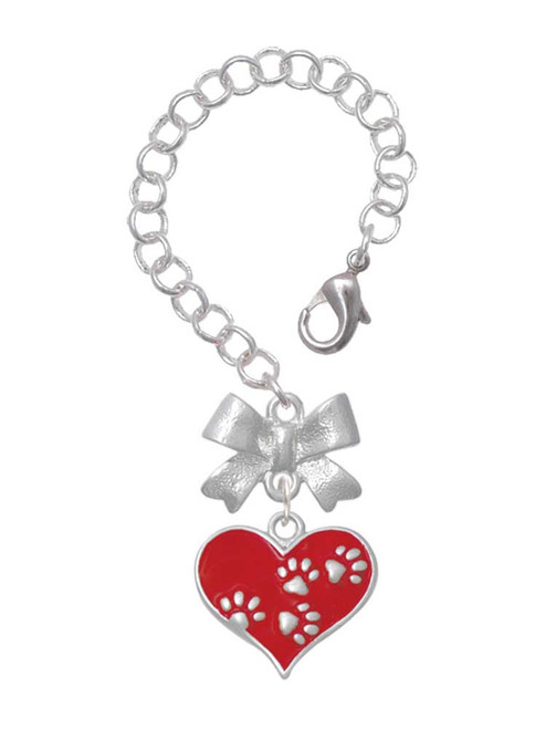 Silver Plated Red Enamel Heart with Paw Prints - Bow Charm Accessory for Tumblers and Thermal Cups