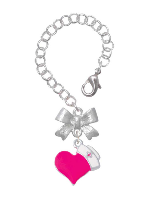Silver Plated Hot Pink Heart with Nurse Hat - Bow Charm Accessory for Tumblers and Thermal Cups