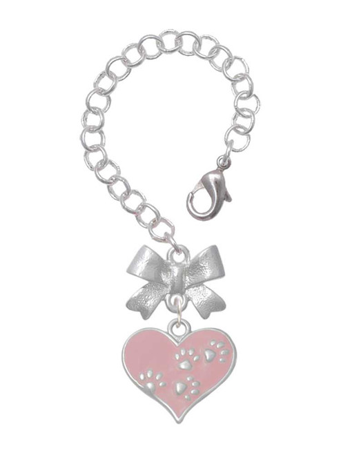 Silver Plated Pink Enamel Heart with Paw Prints - Bow Charm Accessory for Tumblers and Thermal Cups