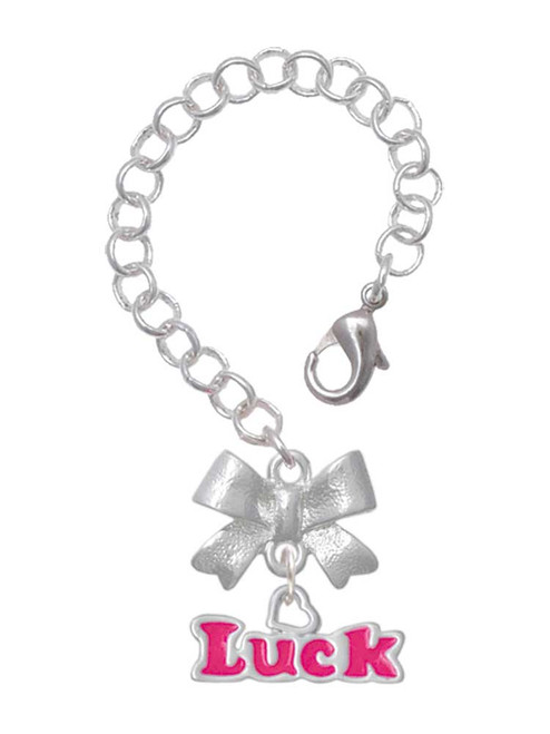 Silver Plated Hot Pink ''Luck'' with Heart - Bow Charm Accessory for Tumblers and Thermal Cups