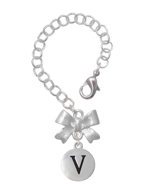 Silver Plated Capital Letter - V - Pebble Disc - Bow Charm Accessory for Tumblers and Thermal Cups