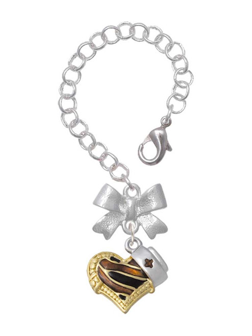 Two-tone Brown Tiger Print Heart with Nurse Hat - Bow Charm Accessory for Tumblers and Thermal Cups