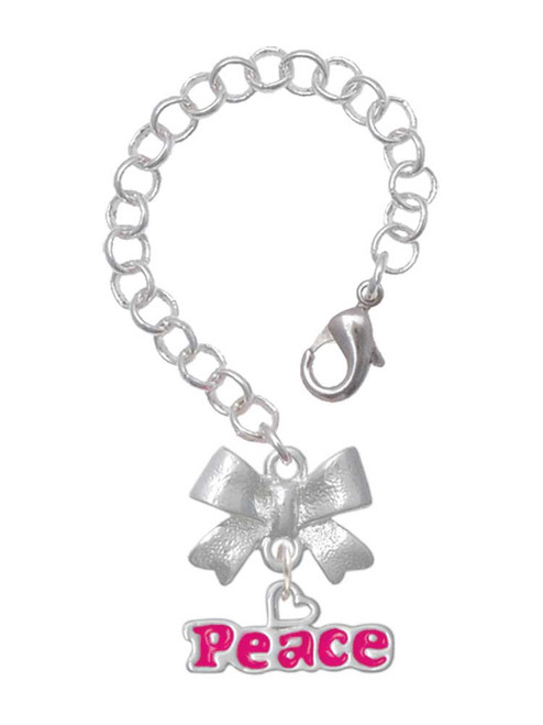 Silver Plated Hot Pink ''Peace'' with Heart - Bow Charm Accessory for Tumblers and Thermal Cups