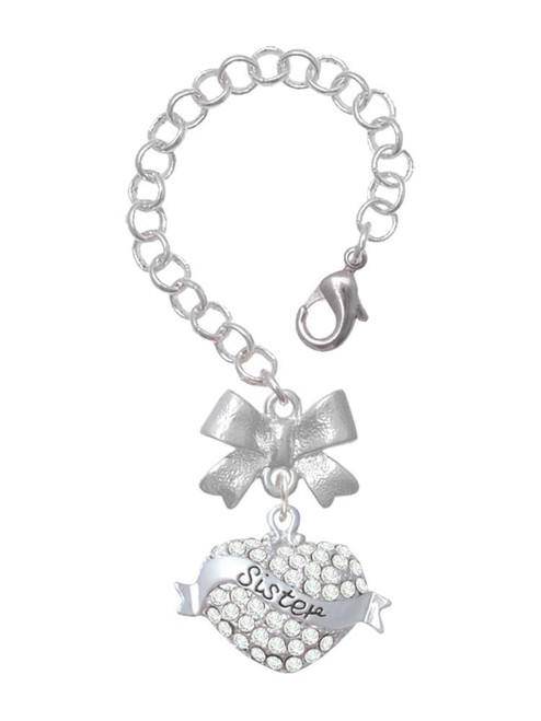 Silver Plated Sister Banner on Clear Crystal Heart - Bow Charm Accessory for Tumblers and Thermal Cups