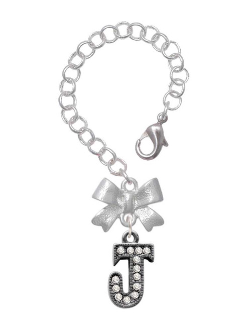 Black Nickeltone Crystal Initial - J - Beaded Border - Bow Charm Accessory for Tumblers and Thermal Cups