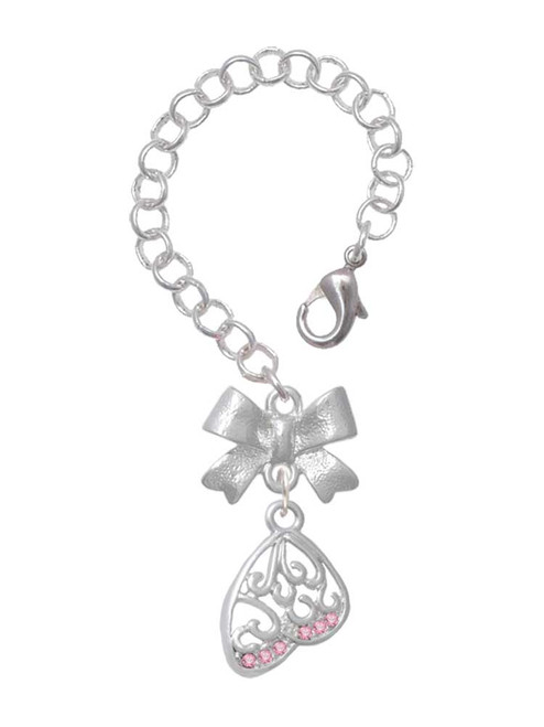 Silver Plated Open Pink Crystal Butterfly Wing - Bow Charm Accessory for Tumblers and Thermal Cups