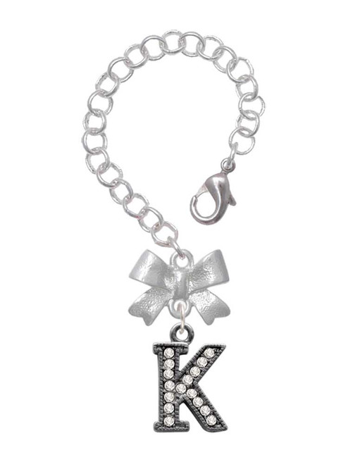 Black Nickeltone Crystal Initial - K - Beaded Border - Bow Charm Accessory for Tumblers and Thermal Cups