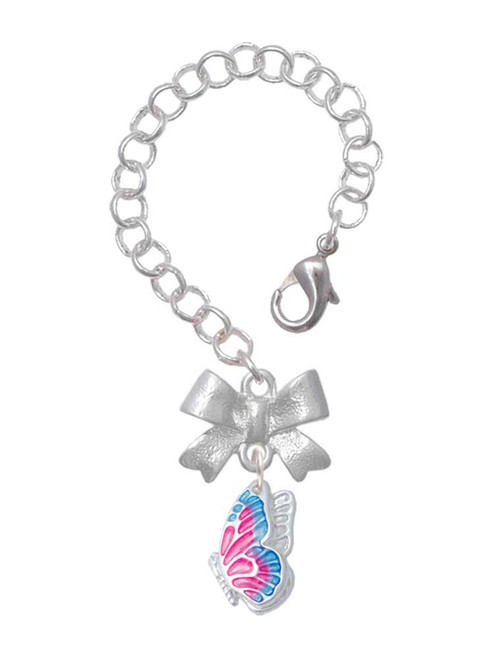 Silver Plated Translucent Hot Pink & Blue Flying Butterfly - Bow Charm Accessory for Tumblers and Thermal Cups