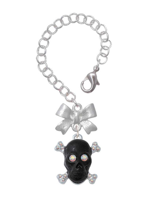 Silver Plated Large Black Resin Skull with AB Crystals - Bow Charm Accessory for Tumblers and Thermal Cups
