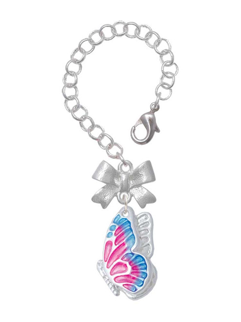 Silver Plated Large Translucent Hot Pink & Blue Flying Butterfly - Bow Charm Accessory for Tumblers and Thermal Cups