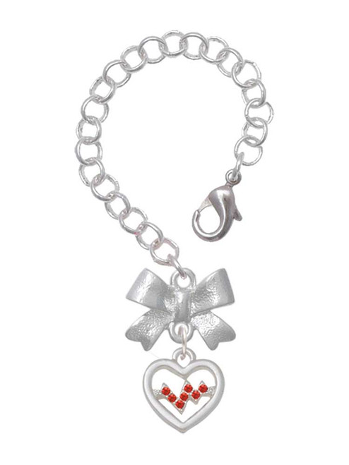 Silver Plated Heart with Red Crystal Heartbeat - Bow Charm Accessory for Tumblers and Thermal Cups