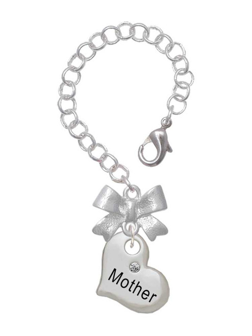 Silver Plated Large ''Mother'' Heart with Clear Crystal - Bow Charm Accessory for Tumblers and Thermal Cups