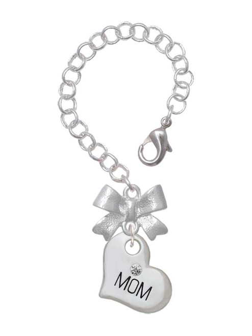 Silver Plated Large ''Mom'' Heart with Clear Crystal - Bow Charm Accessory for Tumblers and Thermal Cups