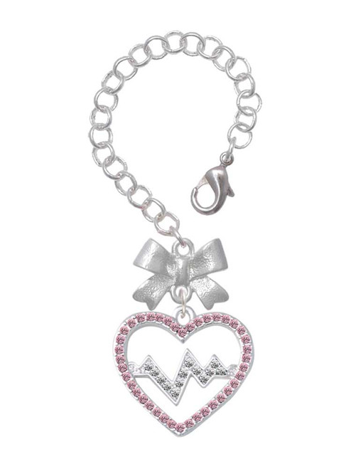 Silver Plated Large Pink Crystal Heart with Clear Heartbeat - Bow Charm Accessory for Tumblers and Thermal Cups