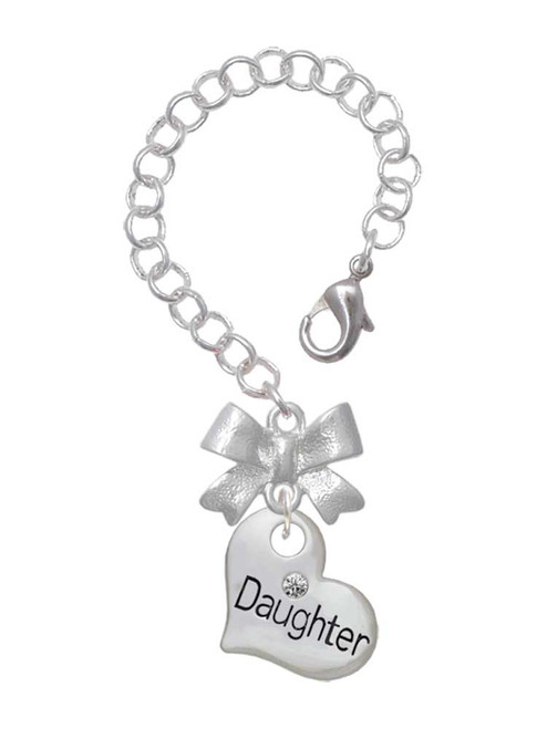 Silver Plated Large ''Daughter'' Heart with Clear Crystal - Bow Charm Accessory for Tumblers and Thermal Cups