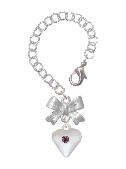 Silver Plated Large February - Purple Crystal Heart - Bow Charm Accessory for Tumblers and Thermal Cups