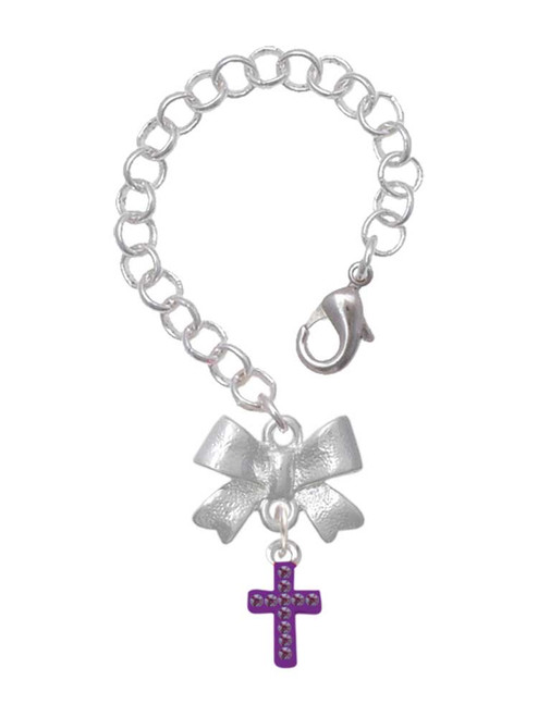 Silver Plated Small Purple Crystal Cross - Bow Charm Accessory for Tumblers and Thermal Cups