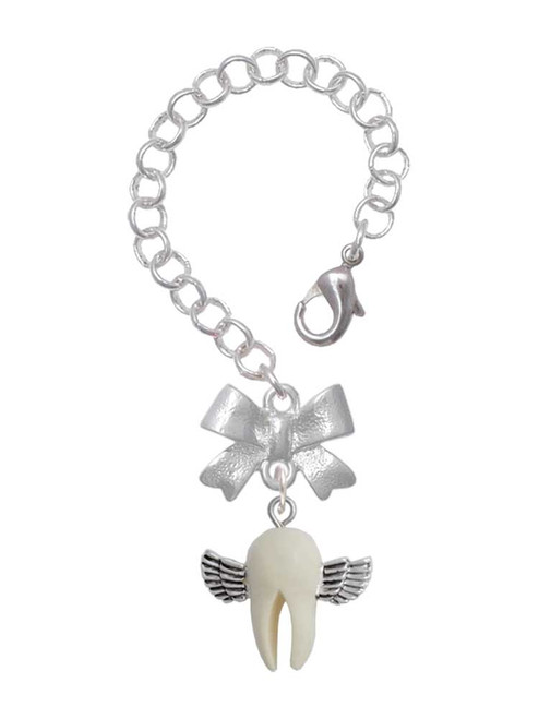 Silver Plated White Tooth with Wings - Tooth Fairy - Bow Charm Accessory for Tumblers and Thermal Cups
