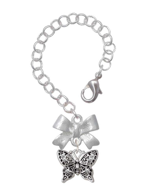 Silver Plated Small Antiqued Crystal Butterfly - Bow Charm Accessory for Tumblers and Thermal Cups