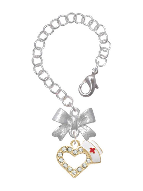 Gold-tone Small Crystal Heart with Nurse Hat - Bow Charm Accessory for Tumblers and Thermal Cups