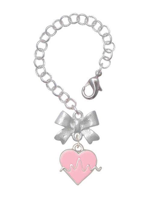 Silver Plated Heartbeat on Pink Heart - Bow Charm Accessory for Tumblers and Thermal Cups