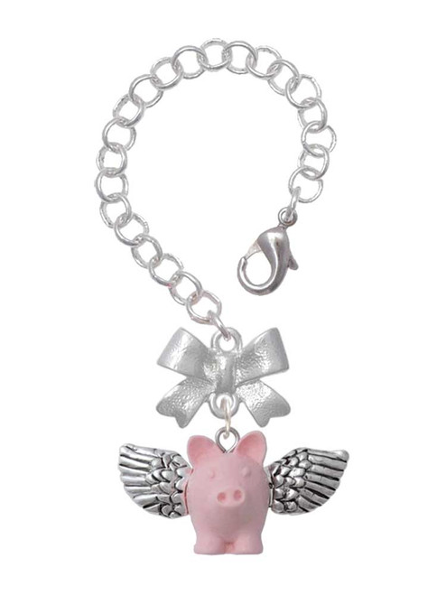 Silver Plated Pink Flying Pig with Wings - Bow Charm Accessory for Tumblers and Thermal Cups