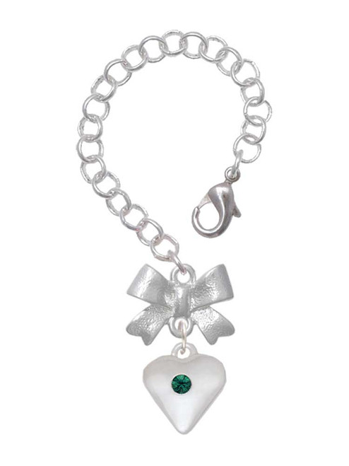 Silver Plated Large May - Green Crystal Heart - Bow Charm Accessory for Tumblers and Thermal Cups