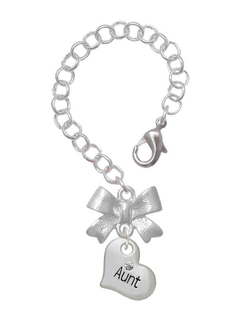 Silver Plated Small ''Aunt'' Heart with Clear Crystal - Bow Charm Accessory for Tumblers and Thermal Cups
