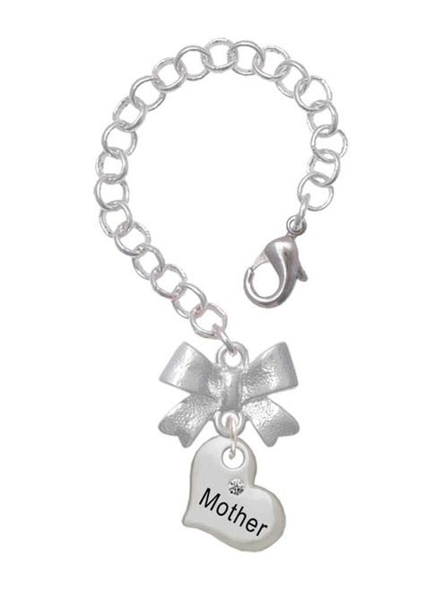 Silver Plated Small ''Mother'' Heart with Clear Crystal - Bow Charm Accessory for Tumblers and Thermal Cups