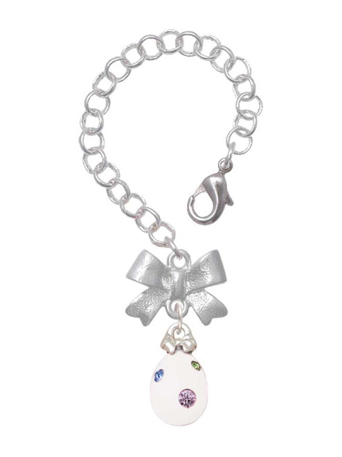 Silver Plated White Easter Egg with Color Crystal Dots - Bow Charm Accessory for Tumblers and Thermal Cups
