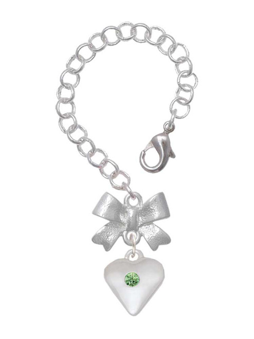 Silver Plated Large August - Lime Green Crystal Heart - Bow Charm Accessory for Tumblers and Thermal Cups