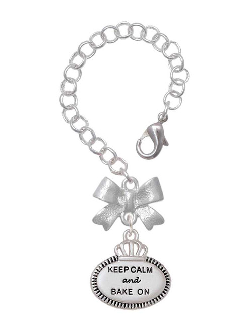 Silver Plated Keep Calm and Bake On - Bow Charm Accessory for Tumblers and Thermal Cups