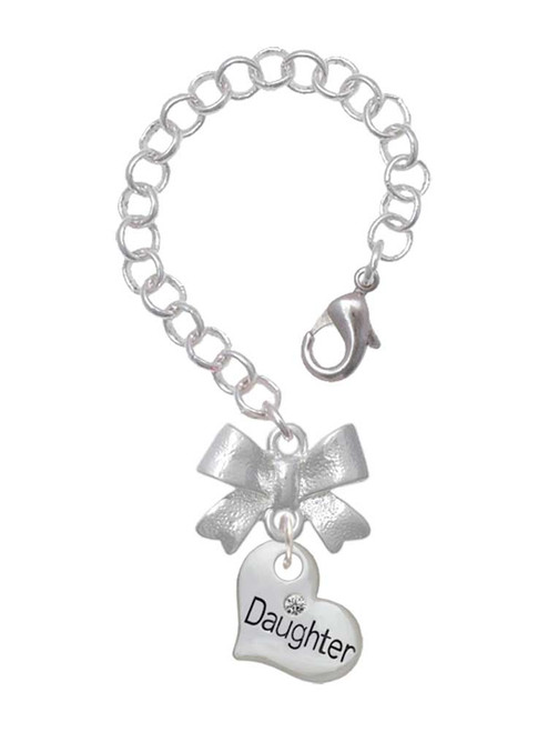 Silver Plated Small ''Daughter'' Heart with Clear Crystal - Bow Charm Accessory for Tumblers and Thermal Cups