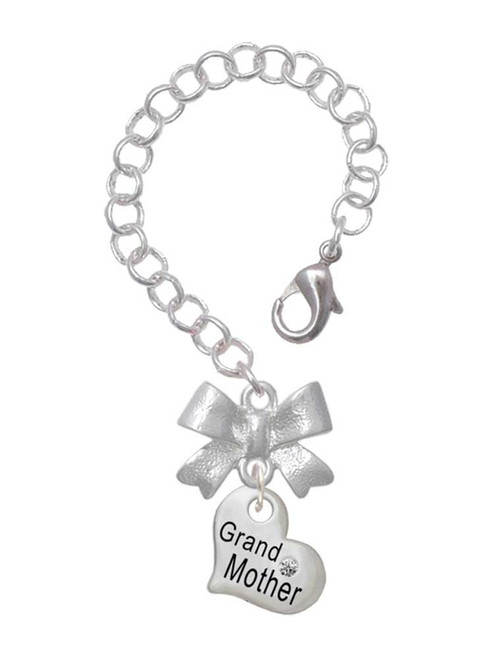 Silver Plated Small ''Grandmother'' Heart with Clear Crystal - Bow Charm Accessory for Tumblers and Thermal Cups