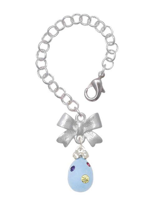 Silver Plated Light Blue Easter Egg with Multicolored Crystal Dots - Bow Charm Accessory for Tumblers and Thermal Cups