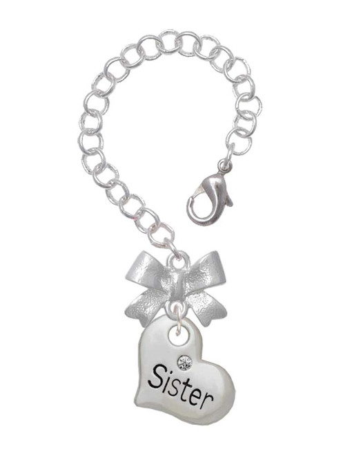 Silver Plated Large ''Sister'' Heart with Clear Crystal - Bow Charm Accessory for Tumblers and Thermal Cups