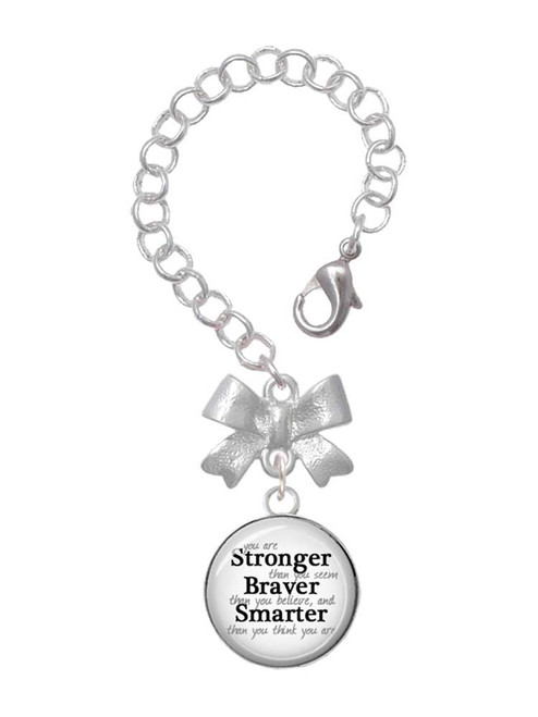 Silver Plated Domed Stronger Braver Smarter - Bow Charm Accessory for Tumblers and Thermal Cups