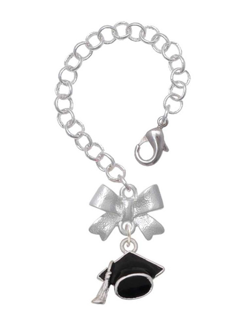 Silver Plated 3-D Black Graduation Hat - Bow Charm Accessory for Tumblers and Thermal Cups