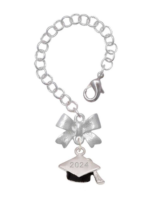 Silver Plated 3-D Graduation Hat with 2024 - Bow Charm Accessory for Tumblers and Thermal Cups