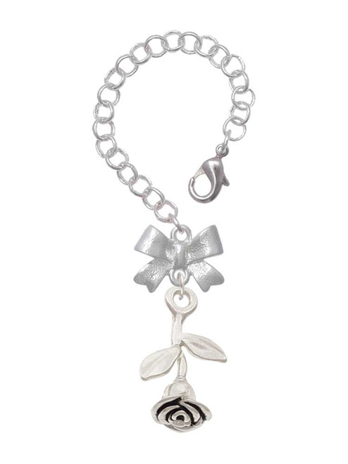 Silver Plated Stemmed Rose - Bow Charm Accessory for Tumblers and Thermal Cups