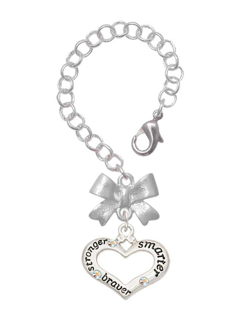 Silver Plated Heart with 3 AB Crystals - Stronger Braver Smarter - Bow Charm Accessory for Tumblers and Thermal Cups