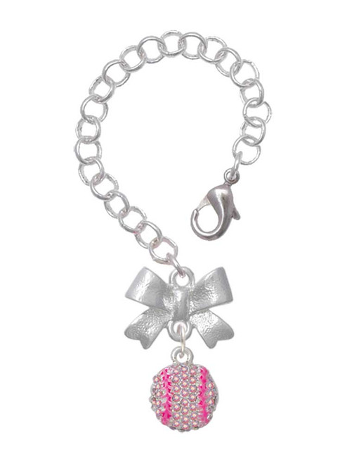 Silver Plated Small Sparkle Pink AB Softball - Bow Charm Accessory for Tumblers and Thermal Cups