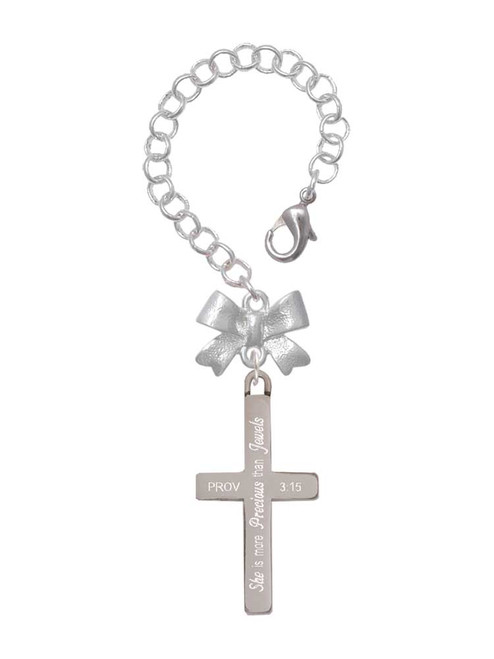 Stainless Steel Proverbs 3:15 - She is Precious Engraved Cross - Bow Charm Accessory for Tumblers and Thermal Cups