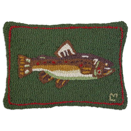 Brown Trout on Green Hooked Wool Rectangle Pillow