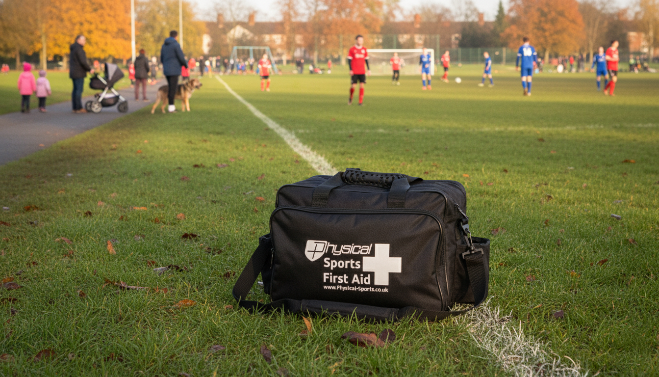 A Physical Sports first aid kit on the sidelines of a community football match in a park.