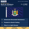 FORTISVEX New York 3 by 5 feet nylon flag. Lightweight outdoor nylon, enhanced ultraviolet resistance, treated to resist fading, and flies in a light breeze.