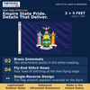 FORTISVEX New York 3 by 5 feet nylon flag. Construction overview with two brass grommets, 4 fly-end stitch rows, and single-reverse design.