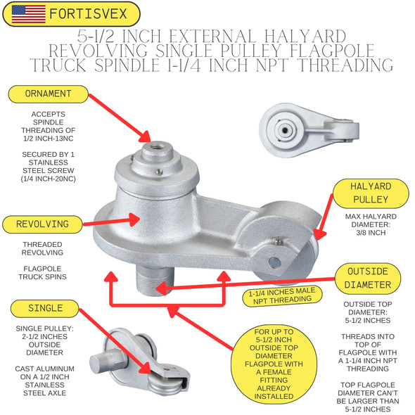 Painted White Cast Aluminum External Halyard Revolving 1-1/4 Inch NPT Threading Spindle Single Pulley Up to 5-1/2 Inch Flagpole Truck 340337