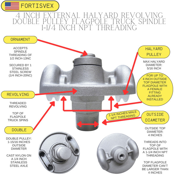 4 Inch Silver Cast Aluminum External Halyard Revolving Double Pulley Flagpole Truck Spindle 1-1/4 Inch NPT Threading 150 Series 340170