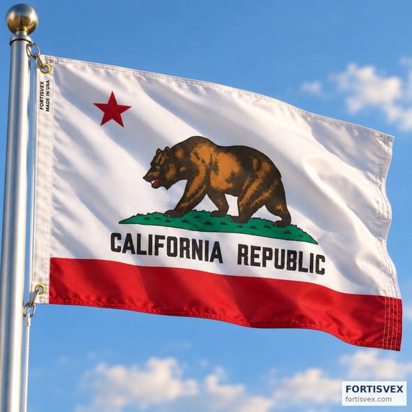California 2x3 nylon state flag flying on an outdoor flagpole, UV resistant colors against blue sky